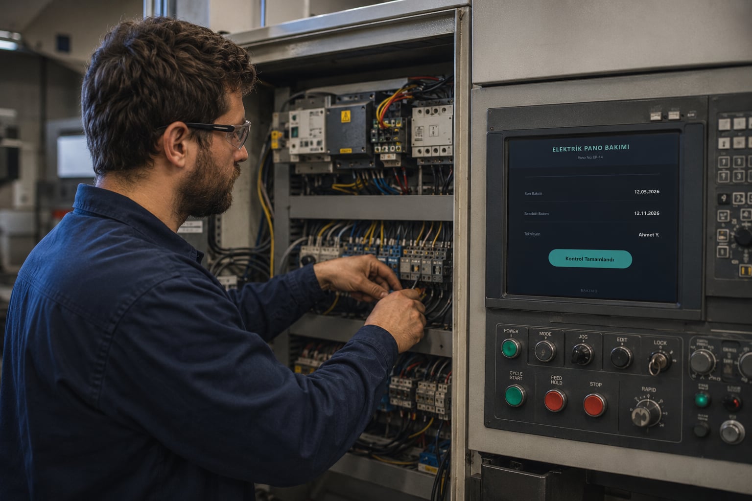 Teknisyen elektrik pano bakımı yaparken bakımo ekranını kontrol ediyor