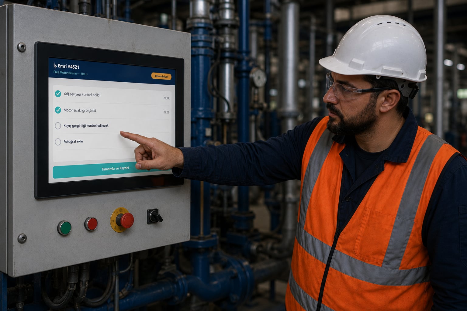 Teknisyen sahadaki panelden bakımo iş emri checklistini tamamlıyor